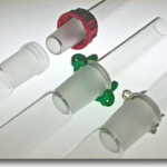 Ground-glass standard joints held together with red and green joint clips