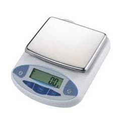 Compact digital weighing balance with a square stainless steel pan and an LCD display