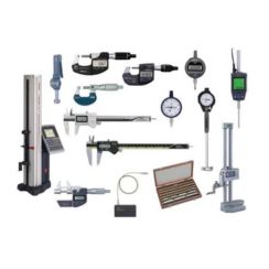 Precision measuring instruments including micrometers, digital and dial calipers, dial indicators, a height gauge, and a gauge block set