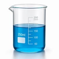 250 ml low-form glass beaker with pouring spout and printed graduations, holding blue liquid